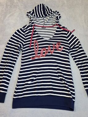 Joe Boxer Women's XL Tunic Hoodie Navy White Breton Sailor Stripe Sequin Love